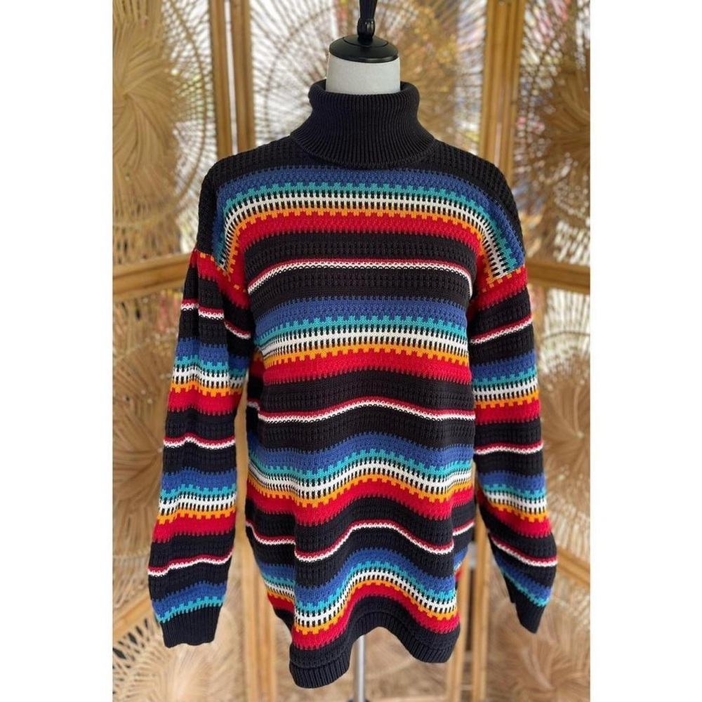 Vintage Lizsport Black & Rainbow Multicolored Striped Knit Turtleneck Sweater M - Picture 6 of 8